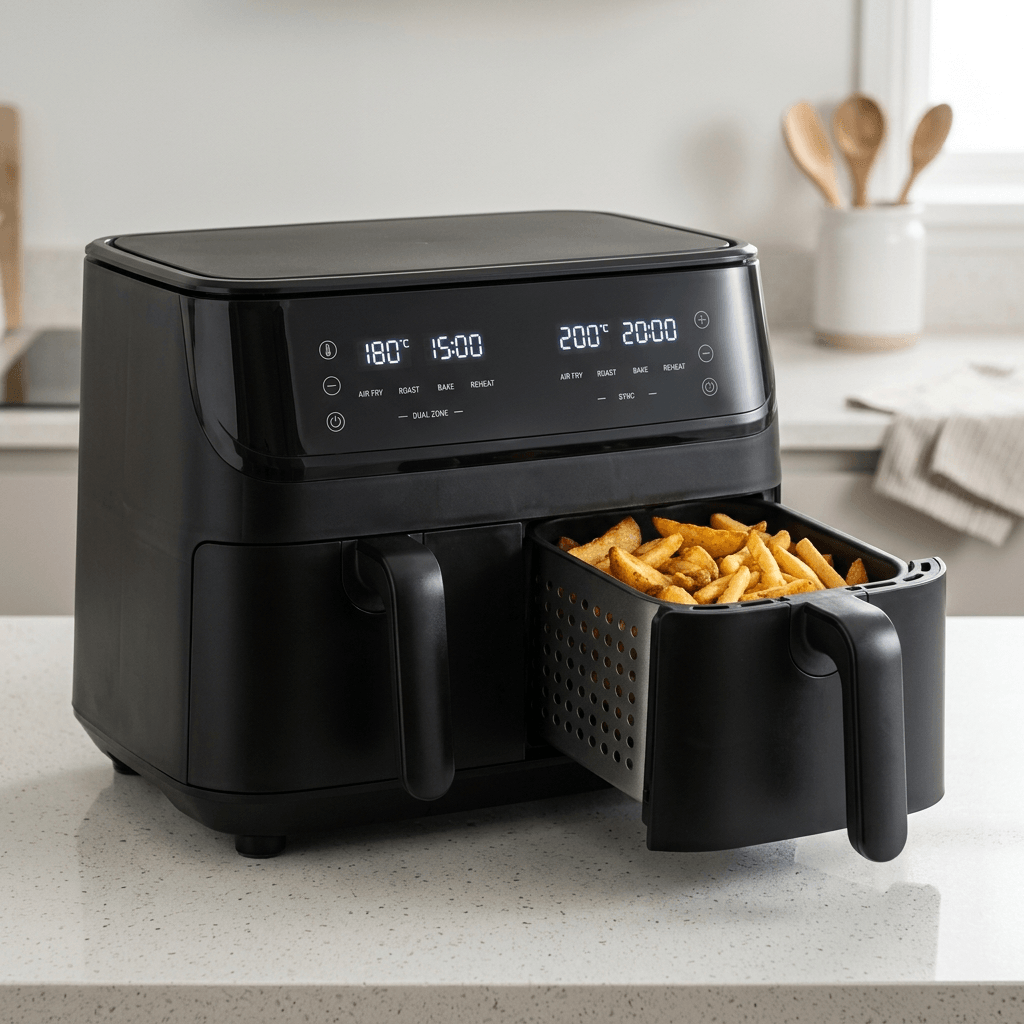Air fryer preta de duas gavetas independentes sobre bancada de cozinha