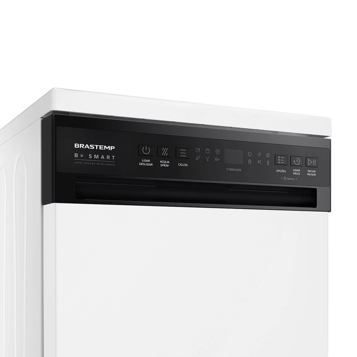 Painel preto da lava-louças Brastemp BLF45 com os comandos de ciclos e funções