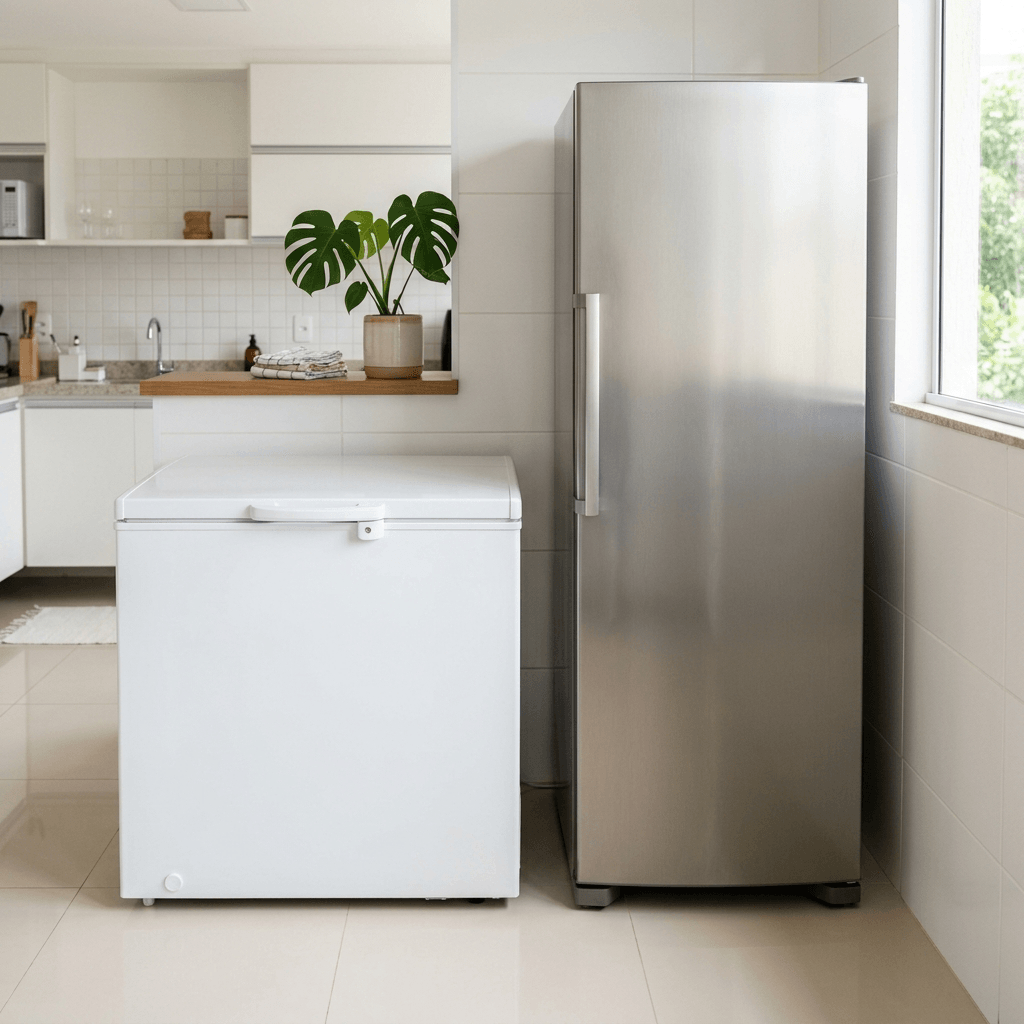 Freezer horizontal e freezer vertical lado a lado em uma cozinha — ilustração