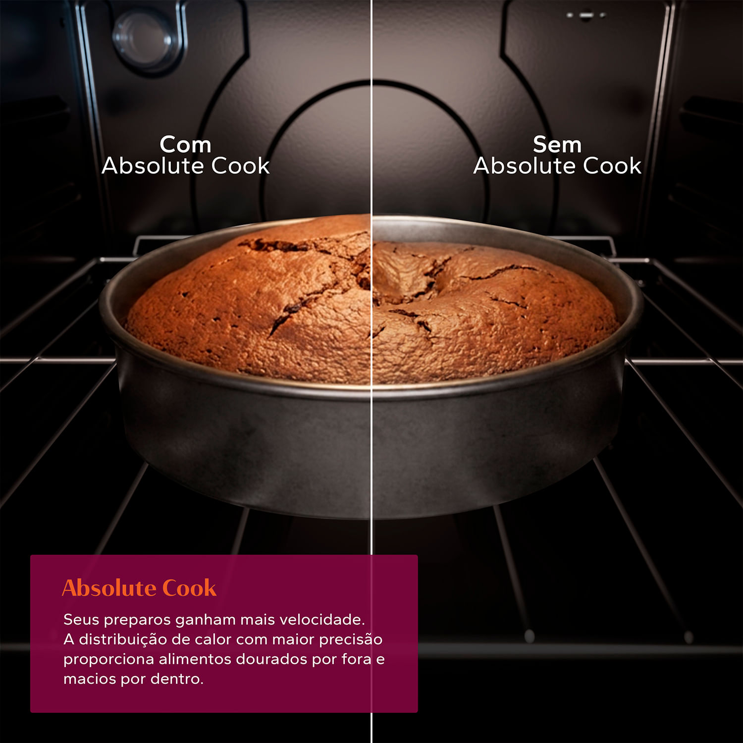 Comparação de bolo assado com e sem a convecção Absolute Cook no forno Brastemp