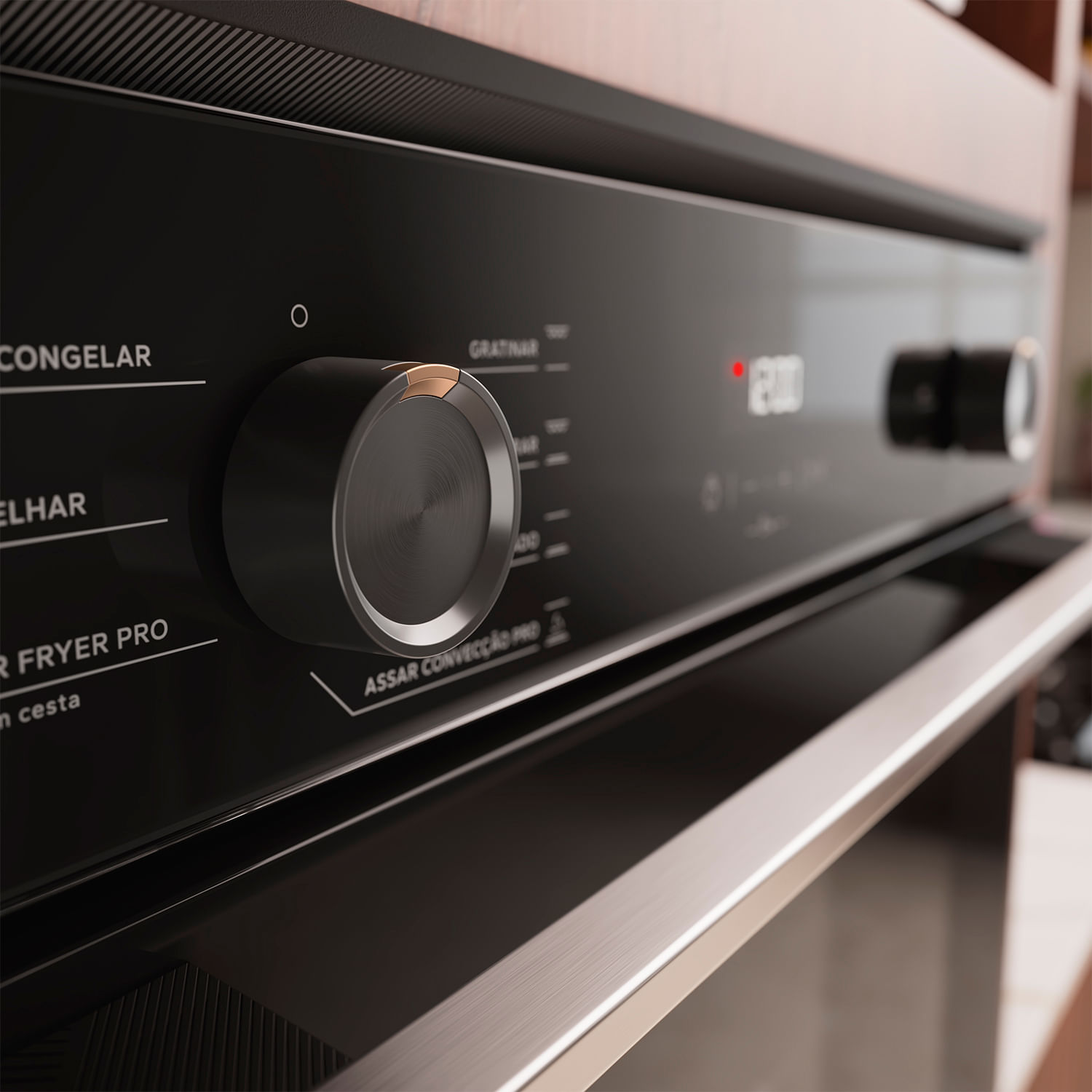 Painel do forno Brastemp BOX84 com botões de modos de preparo e timer