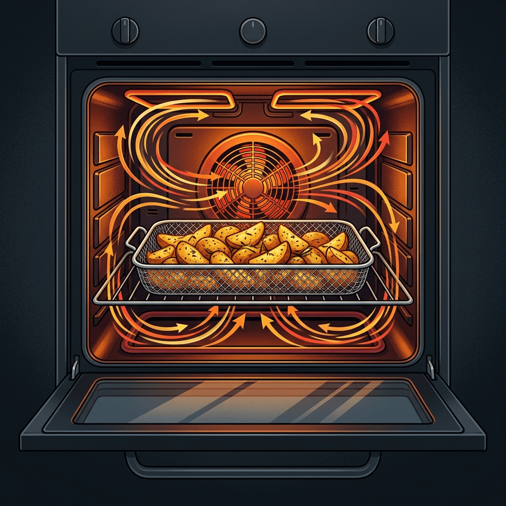 Ilustração conceitual da circulação de ar quente num forno genérico, com batatas em um cesto
