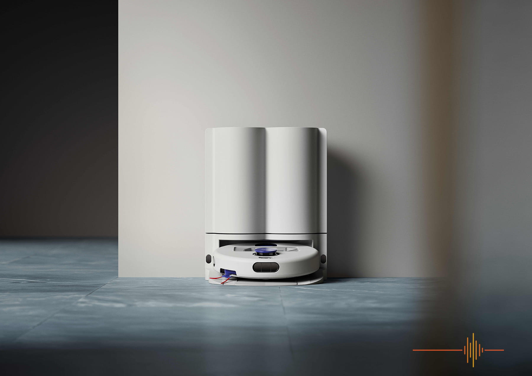 Robô aspirador Dyson R2 Nurovi Wash+Dry com as duas almofadas triangulares de esfregar vistas por baixo