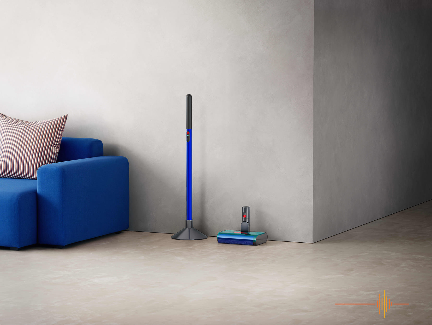 Lavadora de piso Dyson W1 PencilWash sendo usada em piso de madeira, com a base Dok ao fundo