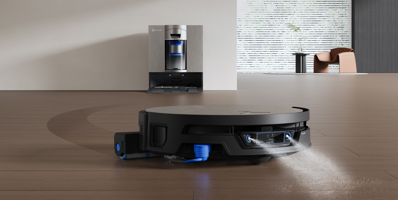 Robô aspirador Ecovacs Deebot X12S OmniCyclone ao lado da base de autoesvaziamento ciclônica