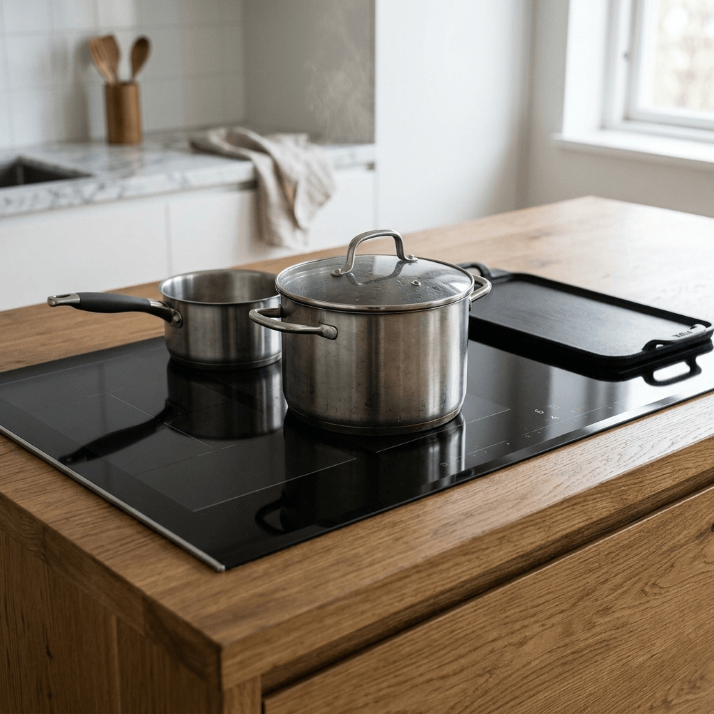 Cooktop de indução preto com panelas de tamanhos diferentes e uma chapa espalhadas pela superfície (ilustração)