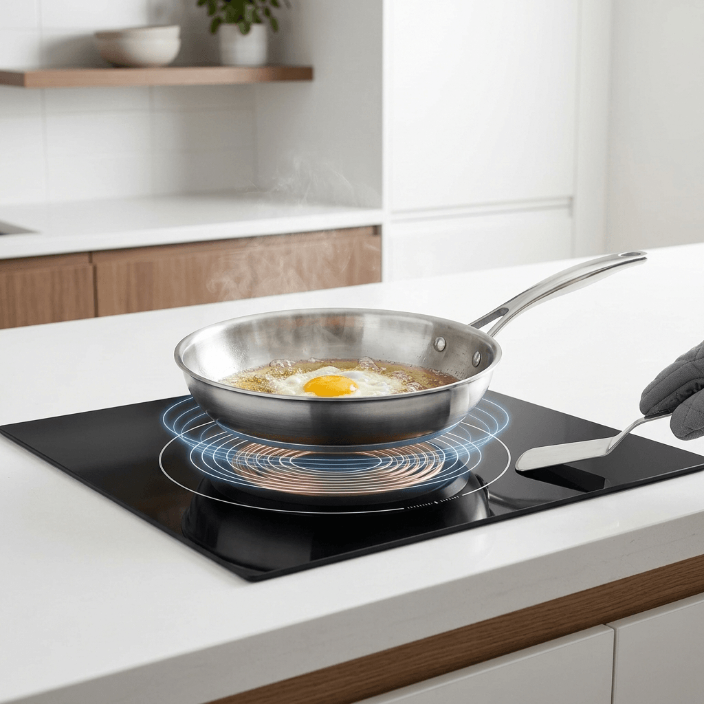 Panela de inox sobre cooktop de indução com o vidro ao redor frio (ilustração do princípio da indução)