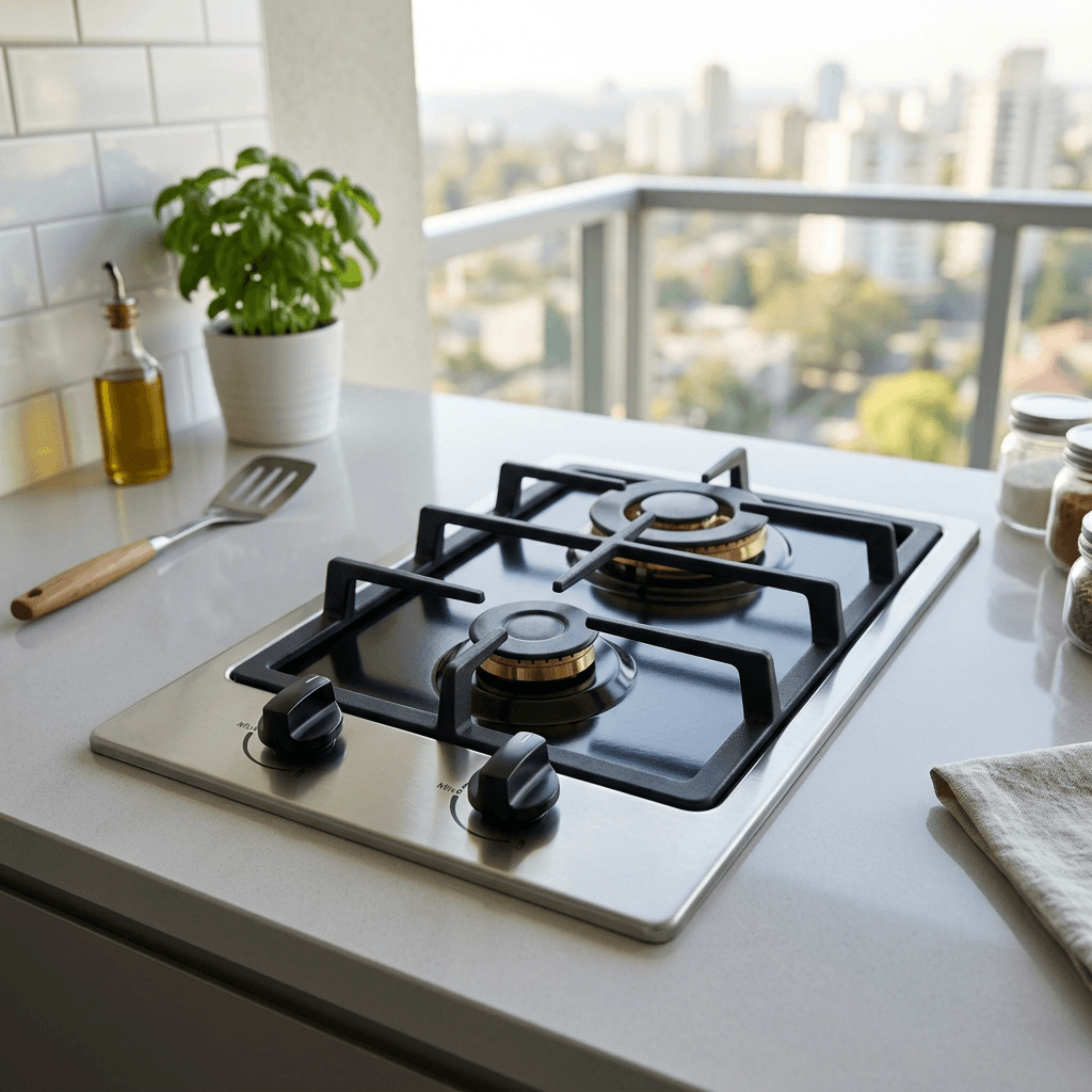 Fogão compacto de quatro bocas com mesa em aço inox sobre bancada de cozinha pequena