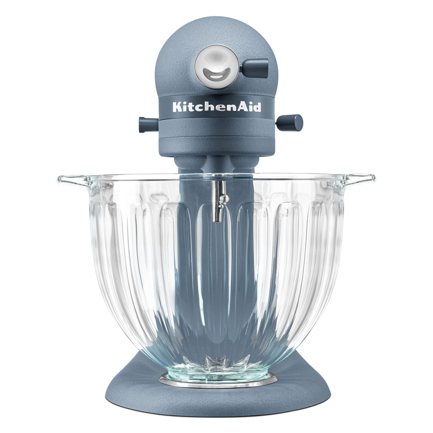 Batedeira KitchenAid Luminaire vista de frente, com a tigela de vidro transparente canelado e o corpo azul fosco