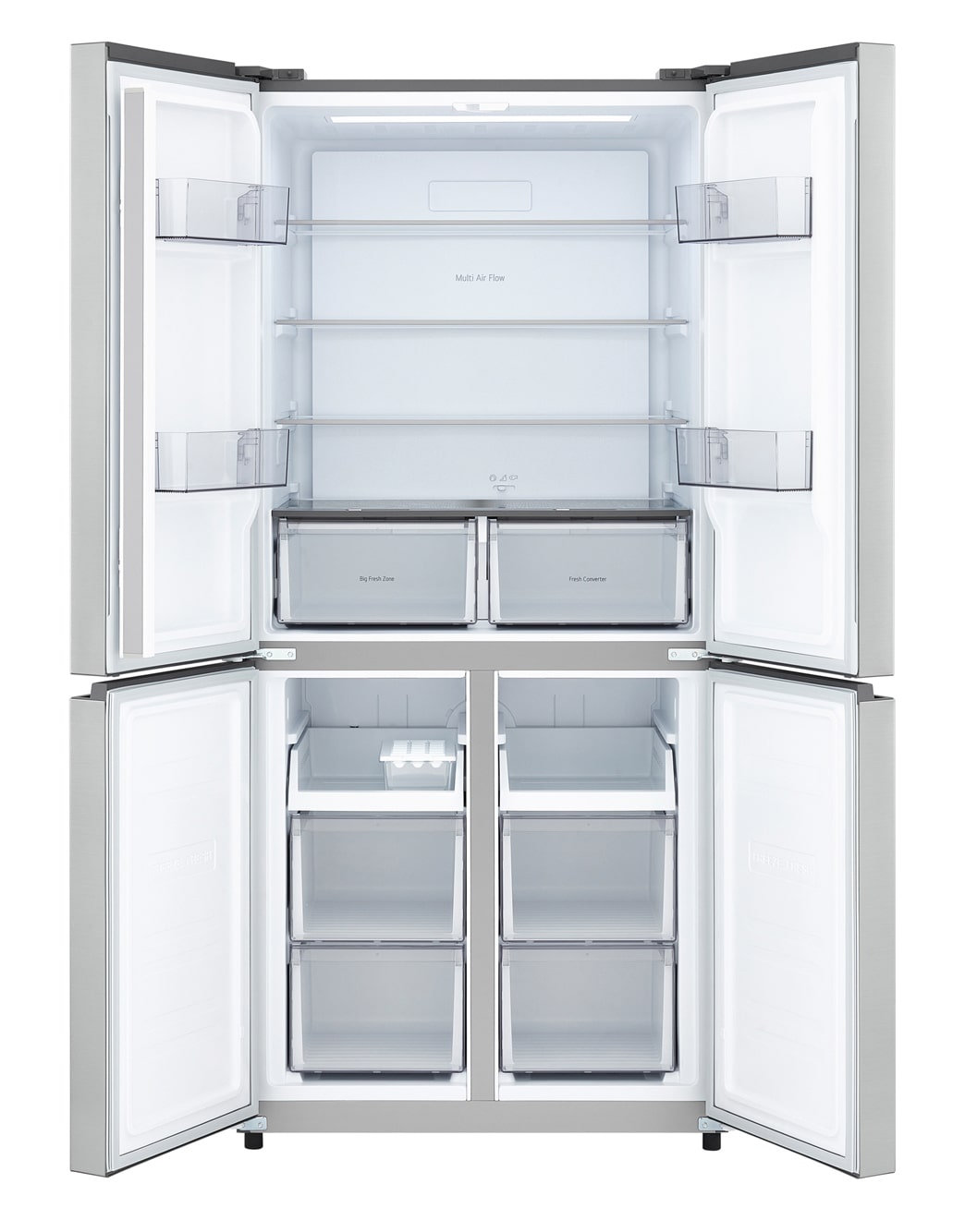 Geladeira LG Multidoor GC-B48FPLA aberta, com as quatro portas e as gavetas do freezer à mostra