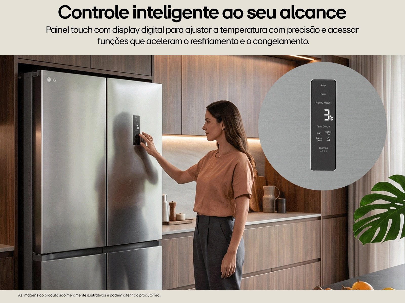 Painel de toque na porta da geladeira LG GC-B48FPLA, com display digital de temperatura