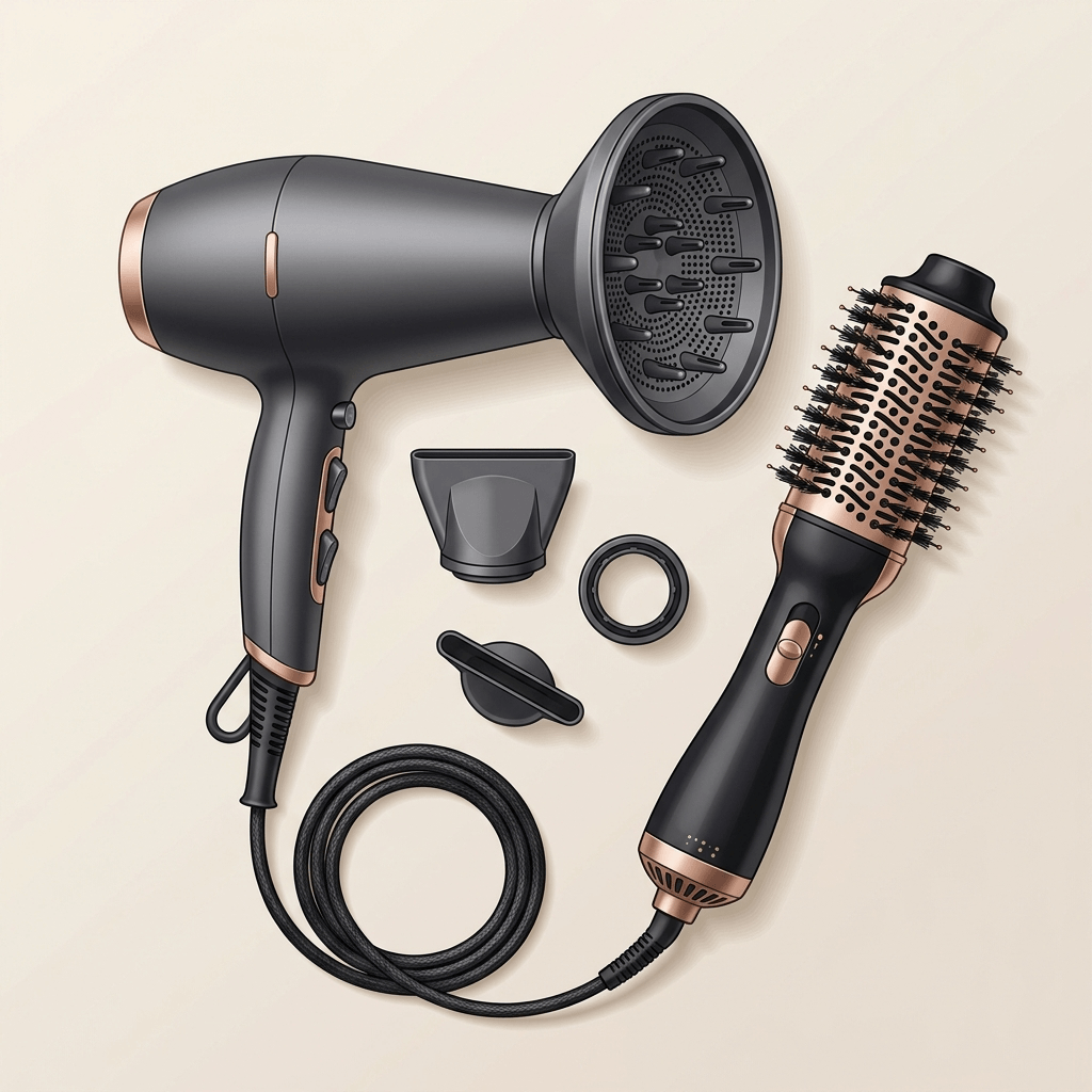 Ilustração de secador de cabelo com difusor e concentrador ao lado de uma escova secadora