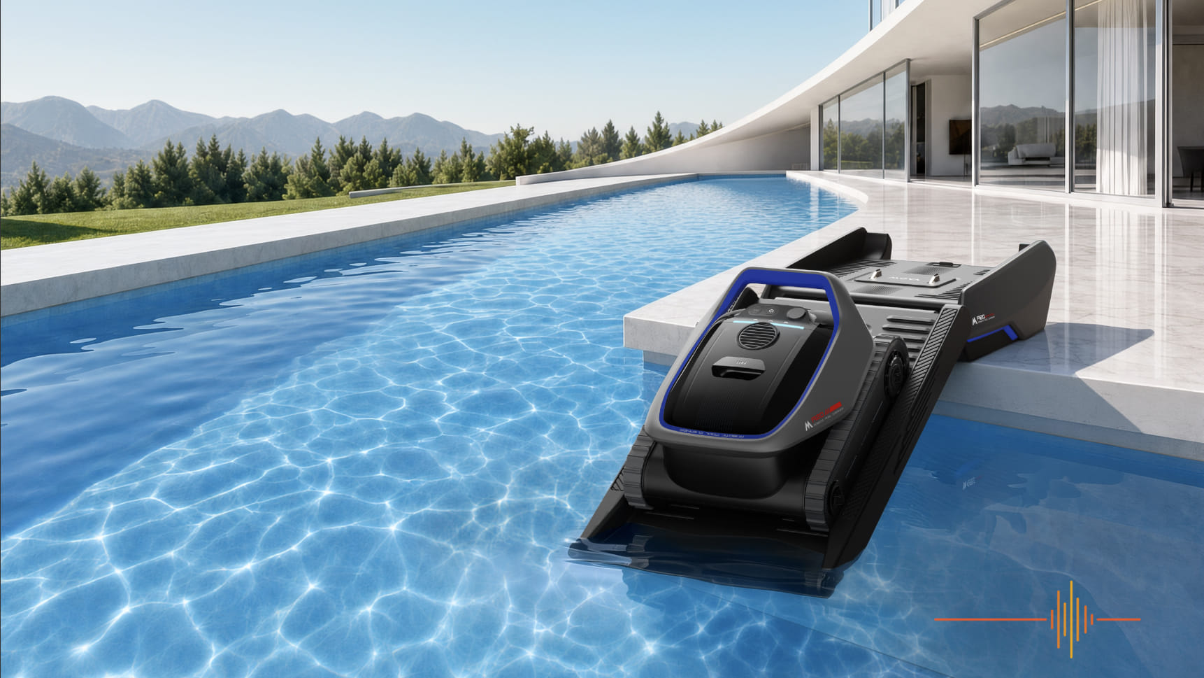 Robô limpador de piscina MOVA Rover X10 AquaSonar entrando na água a partir da estação Diver A20