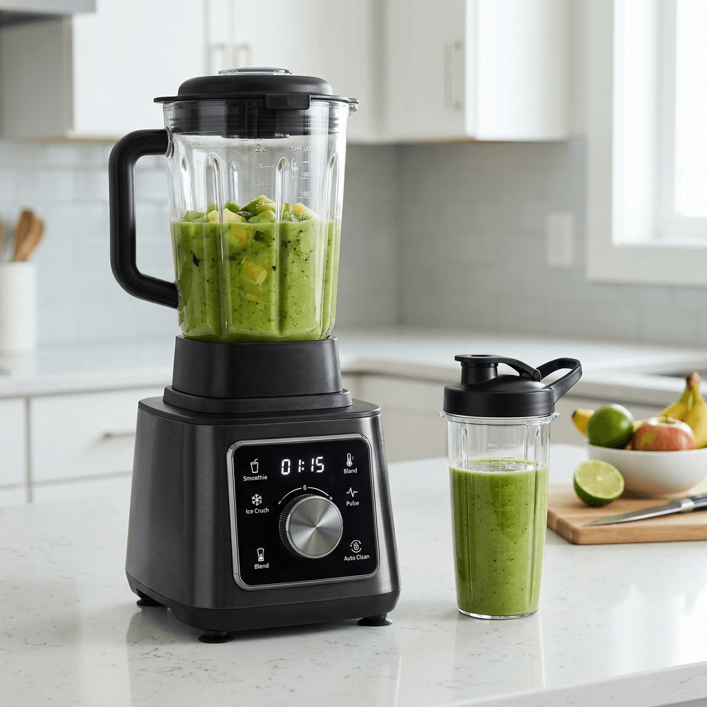 Liquidificador e processador combinados em uma base única de bancada