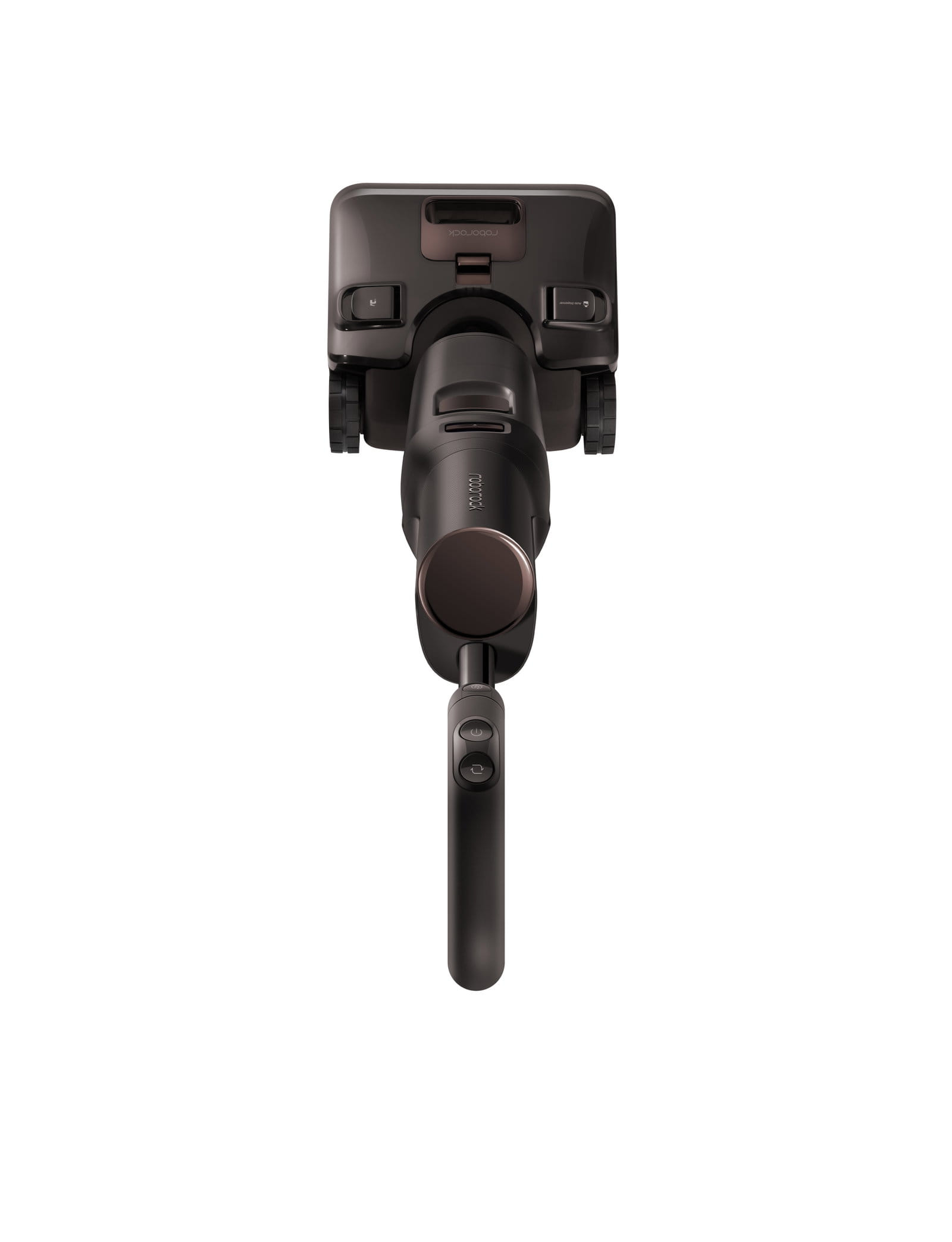 Aspirador vertical Roborock F25 Ultra Steam Gen 2 visto de cima, com o cabo recolhido