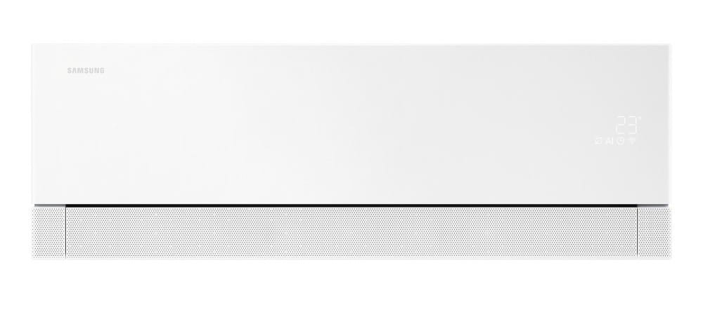 Ar-condicionado Samsung Bespoke AI WindFree Pro, split de parede branco com frente lisa e faixa perfurada na base