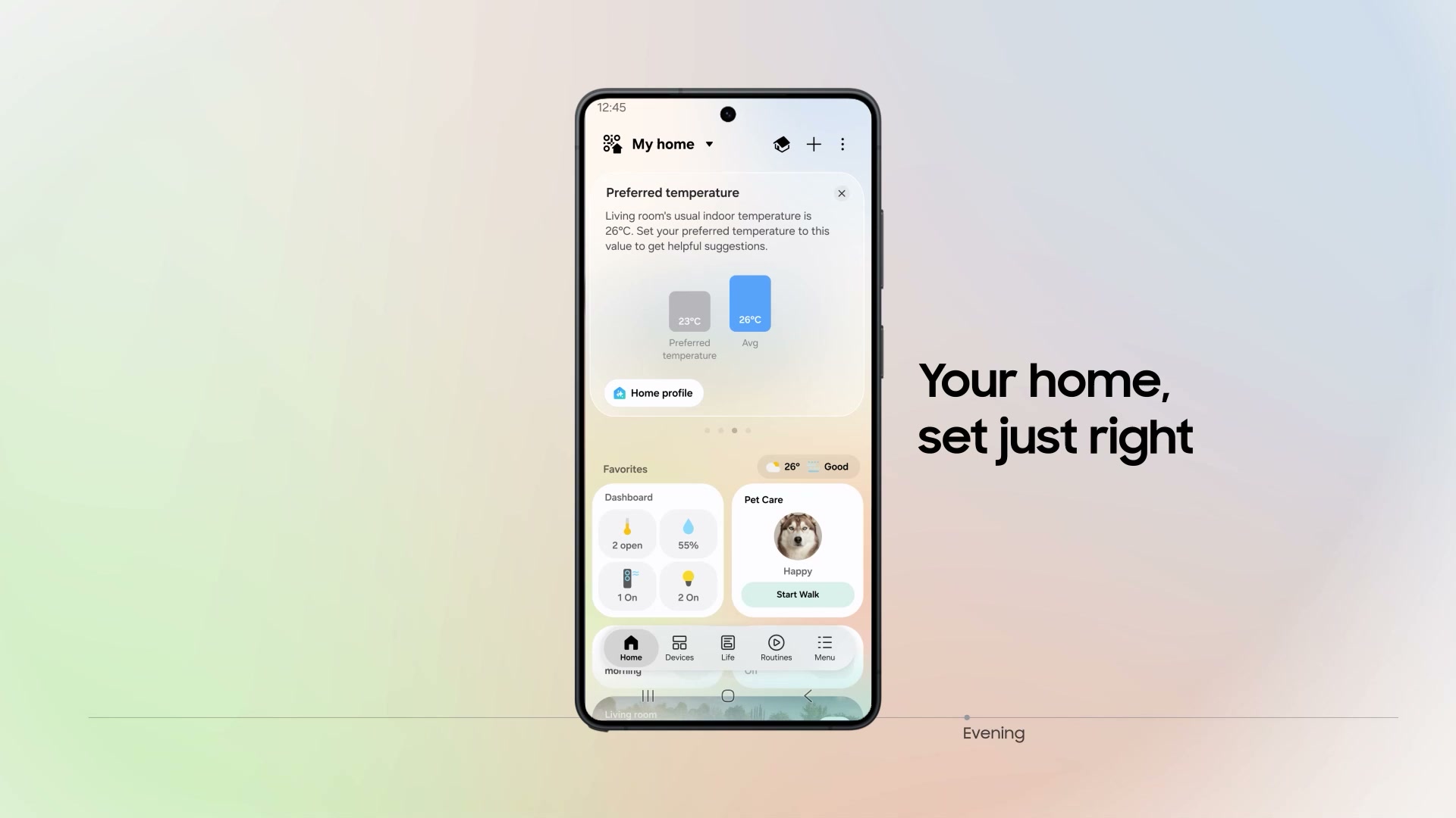 Cartão de temperatura preferida no SmartThings Now, com a média registrada na sala