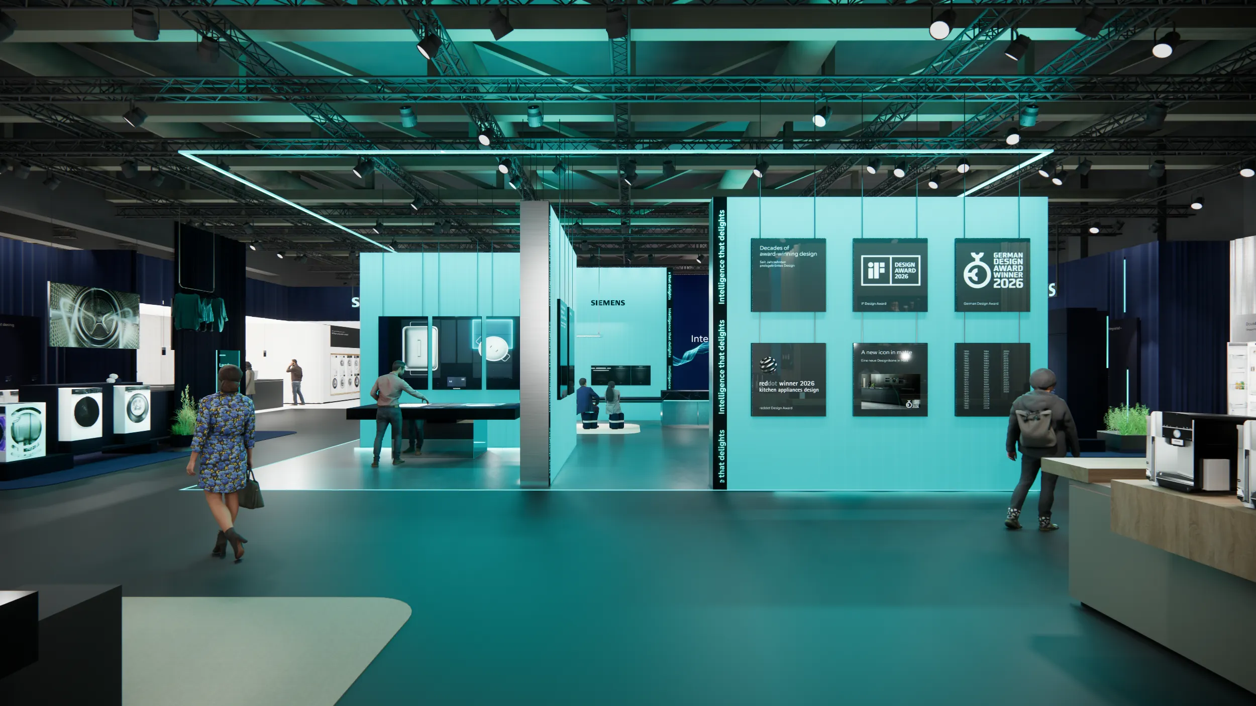 Estande da Siemens na IFA 2026 com lavadoras e eletrodomésticos de embutir expostos sob iluminação em ciano