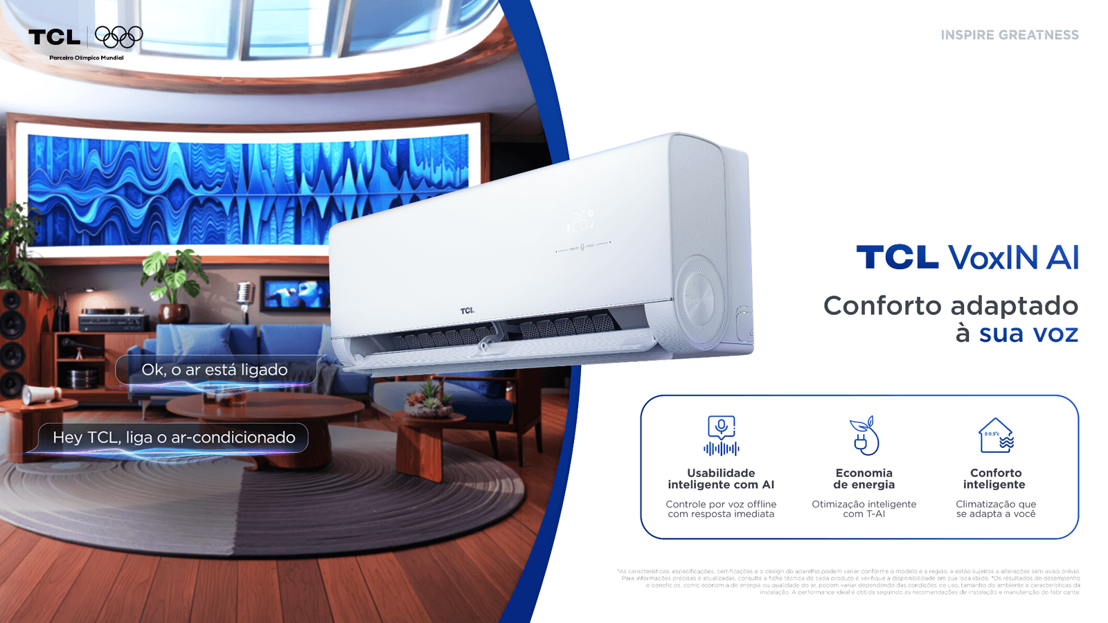 Arte de divulgação do TCL VoxIN AI com a unidade interna, comando "Hey TCL, liga o ar-condicionado" e destaques de voz offline e economia com T-AI