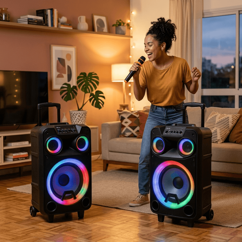 Ilustração de duas caixas de som amplificadas com rodinhas e iluminação LED numa sala, com uma pessoa cantando ao microfone