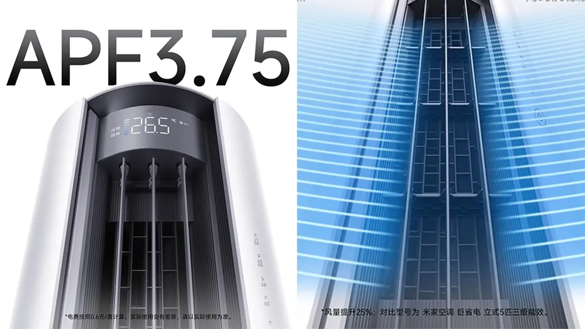 Detalhe do painel do ar-condicionado de piso da Xiaomi com APF 3,75 e fluxo de ar em destaque