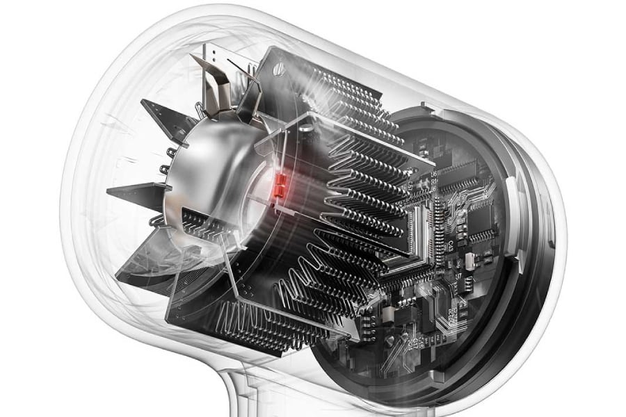 Corte transparente do secador Mijia Mini mostrando o motor sem escovas, a resistência e a placa de controle